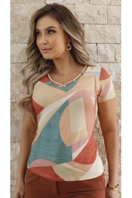 034377  Blusa Manga Curta Ramany Estampa Geométrica